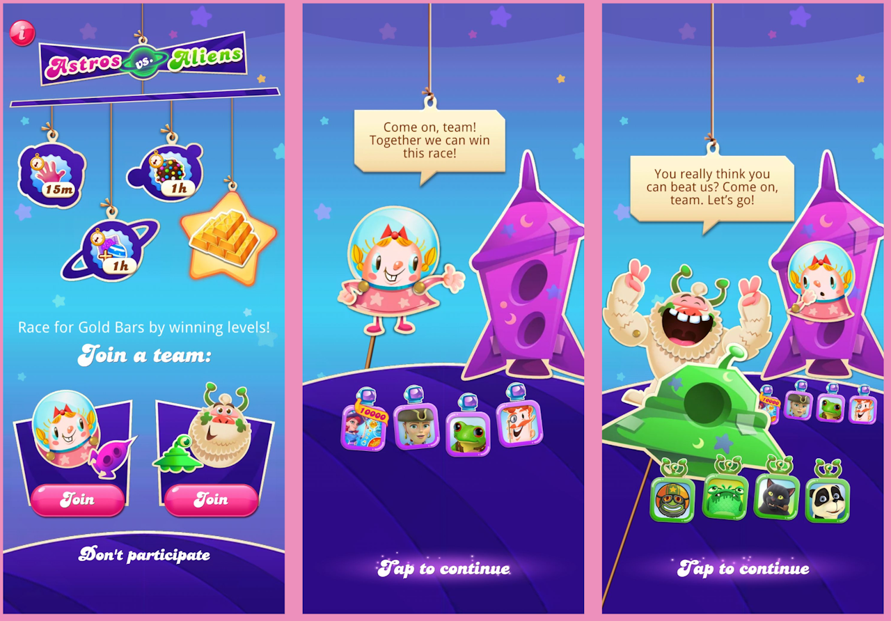 Une interface de jeu colorée dans Candy Crush Saga intitulée « Astros vs Aliens » invite les joueurs à rejoindre l’une des deux équipes — astros ou aliens — représentées par Tiffi et le Yéti, pour se mesurer et gagner des récompenses comme des lingots d’or. Tiffi se tient près d’une fusée violette et motive son équipe : « Allez, l’équipe ! Ensemble, on peut gagner cette course ! ». En face, un Yéti rassemble son équipe près d’un vaisseau spatial vert en lançant : « Vous pensez vraiment pouvoir nous battre ? En avant ! ». Les icônes des personnages des deux équipes apparaissent en bas, sur un fond vibrant et étoilé