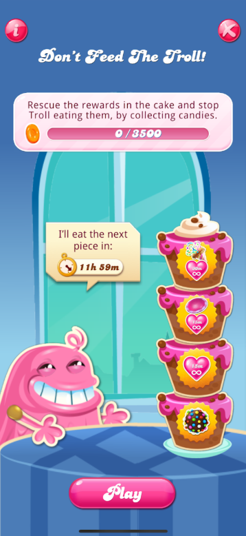 Don't feed the troll event in Candy Crush Saga. Bubblegum Troll is standing next to a blue table with a four tiered cake, Each tier has a reward symbol in it: a color bomb, 15 min Unlimited lives, 15 min UL and a UFO, and 30 min UL and a party popper. On the top there's a progress bar. You need to collect 3500 orange candies to complete it