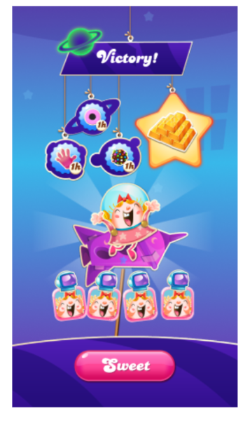 Game victory screen with a 'Victory!' banner at the top, showing rewards such as gold bars and bonus times on Boosters. Tiffi celebrates on a purple rocket, surrounded by icons of her team members below. A bright 'Sweet' button appears at the bottom, set against a vibrant starry background