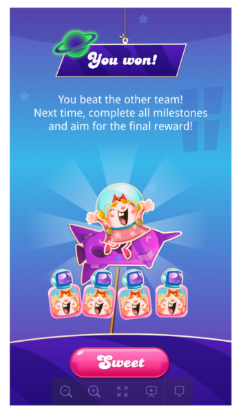 Game victory screen with a 'You won!' banner at the top and a congratulatory message: 'You beat the other team! Next time, complete all milestones and aim for the final reward!'Tiffi celebrates on a purple rocket, with her team icons displayed below. The bright 'Sweet' button appears at the bottom, set against a colorful, starry backdrop