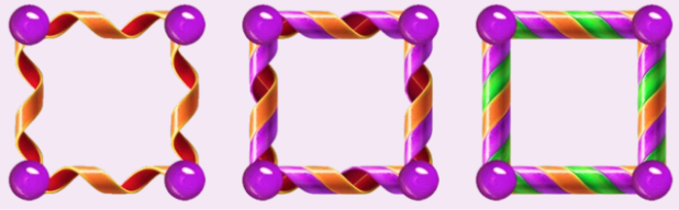 Ba khối chặn Candy Curl của Candy Crush Saga đứng cạnh nhau. Mỗi khối được tạo thành từ kẹo gậy xoắn ở các góc, kết nối bằng kẹo màu tím. Từ trái sang phải: khối đầu tiên có sọc cam và vàng, khối thứ hai có sọc đỏ và cam đậm hơn, và khối thứ ba có hoa văn cầu vồng đa sắc