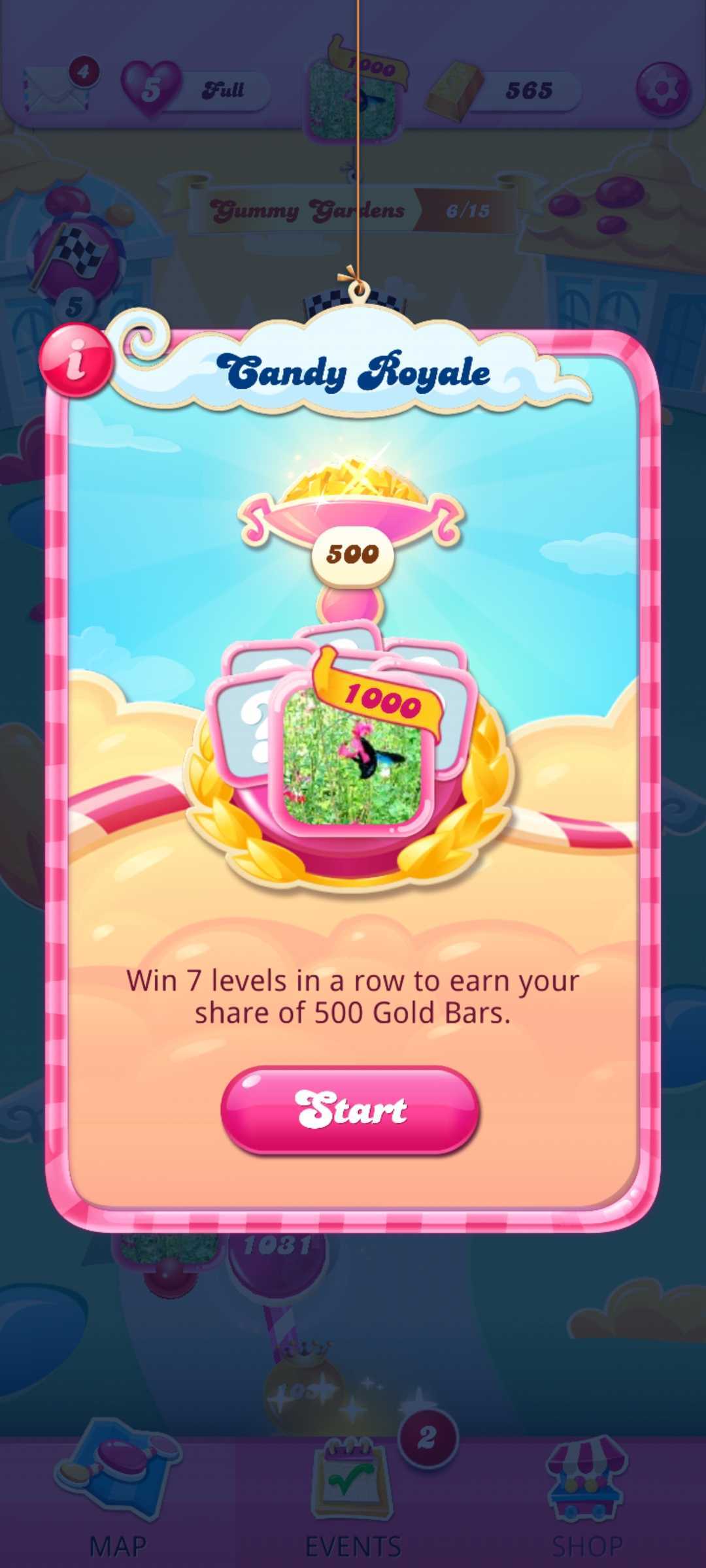 Candy Crush Saga's interface for 'Candy Royale' event with a pastel candy theme. Event details and a 'Start' button are framed in pink, with rewards displayed as Gold Bars in a pink trophy. The challenge requires winning 7 consecutive levels for a reward of 500 Gold Bars.