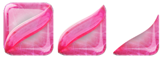 Três estágios de um Revestimento de Açúcar rosa do Candy Crush Saga: um quadrado completo, um pedaço meio comido e um pequeno remanescente triangular