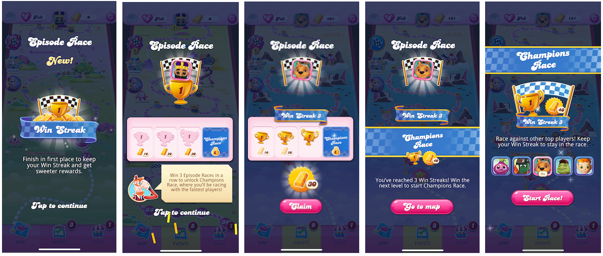 Schermate diverse nel gioco che mostrano il flusso dalla vittoria di una Corsa degli episodi al mantenimento della tua serie vincente per tre volte e arrivare alla Corsa dei campioni, dove gareggi contro altri giocatori di alto livello