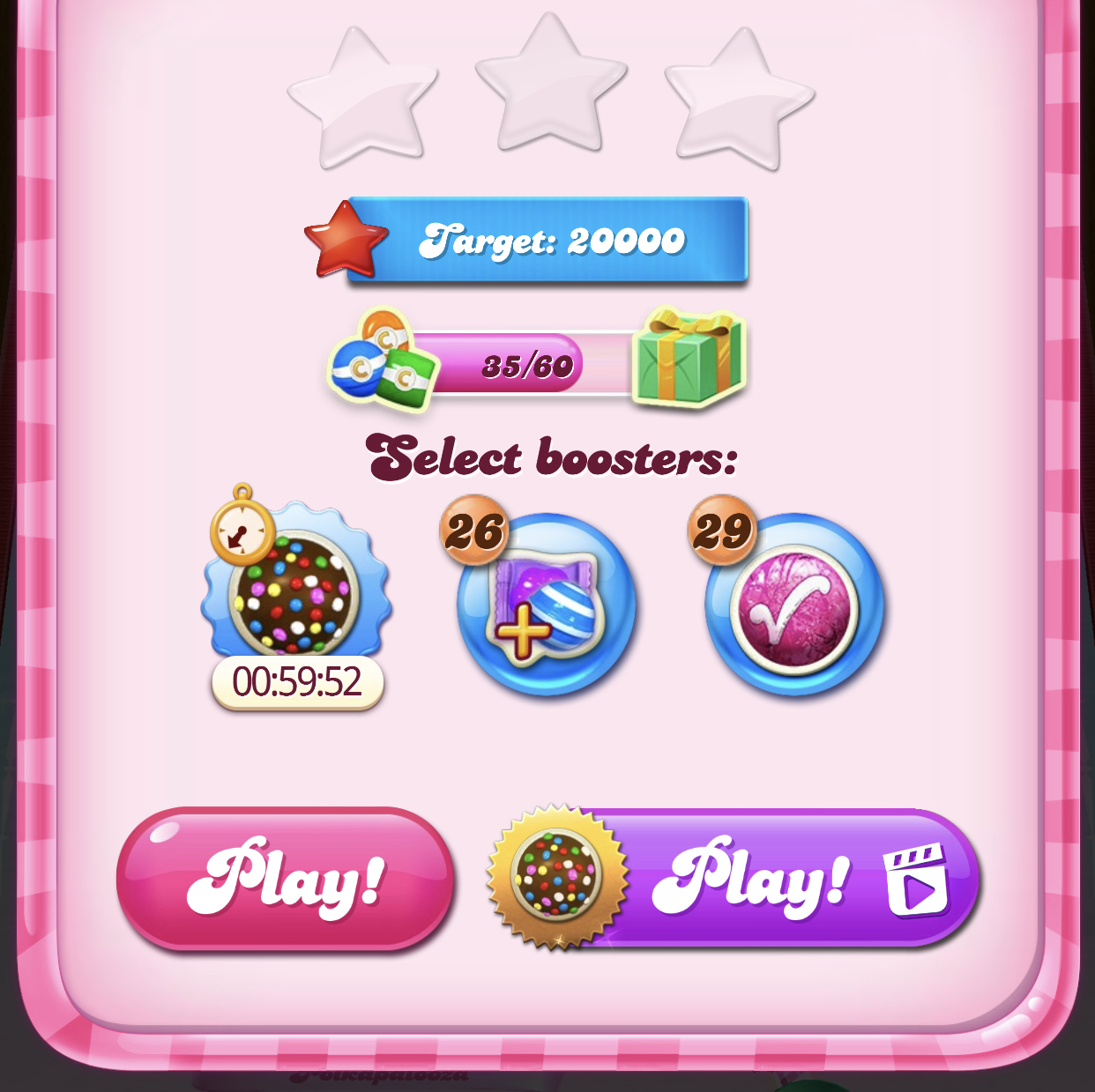 Pre-level screen. It shows the target of the level, and the boosters you can select. The first one is a Color Bomb, and the screen shows with the image of a clock, that this is a timed Booster that is active. It also shows that you have 00:59:52 hours left
