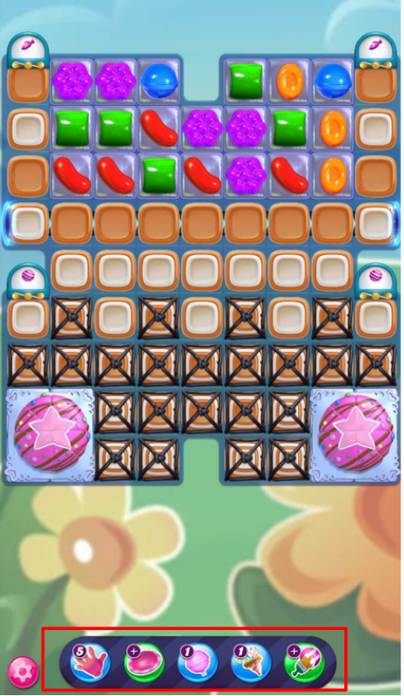 Screen on a level. At the botton, the player can see the available Boosters (Free Switch, UFO, Lollipop Hammer, Party Booster and Paint brush