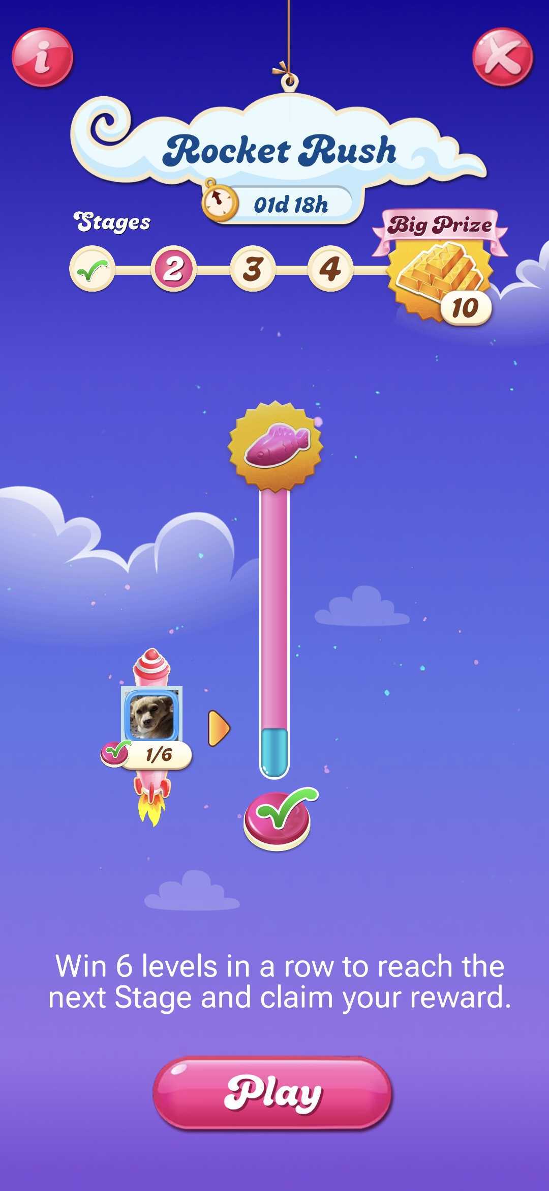 Raketenrausch-Bildschirm in Candy Crush Saga, der Stufe 2 von 4 zeigt; einer von sechs aufeinanderfolgenden Siegen ist abgeschlossen, eine vertikale Fortschrittsleiste steigt neben einem Raketensymbol an und der ‚Hauptpreis‘ umfasst zehn Goldbarren. Darunter steht die Anweisung ‚Gewinne 6 Level in Folge, um die nächste Stufe zu erreichen und deine Belohnung abzuholen.‘ sowie eine große pinke Schaltfläche ‚Spielen‘ zum Starten.