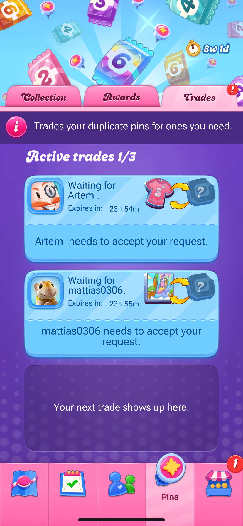 Candy Pins trades screen showing two active pin trade requests waiting for other players to accept, with one empty trade slot below.